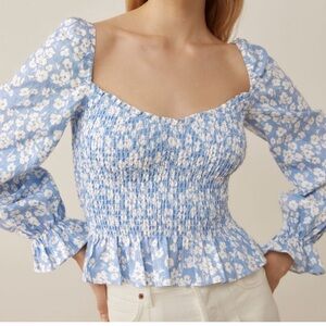 Reformation Pinto Smocked Linen Blue floral top